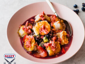 Strawberry Lemongrass Shrimp with Blueberry Basil Fried Rice and Blueberry Galangal Coconut Sauce